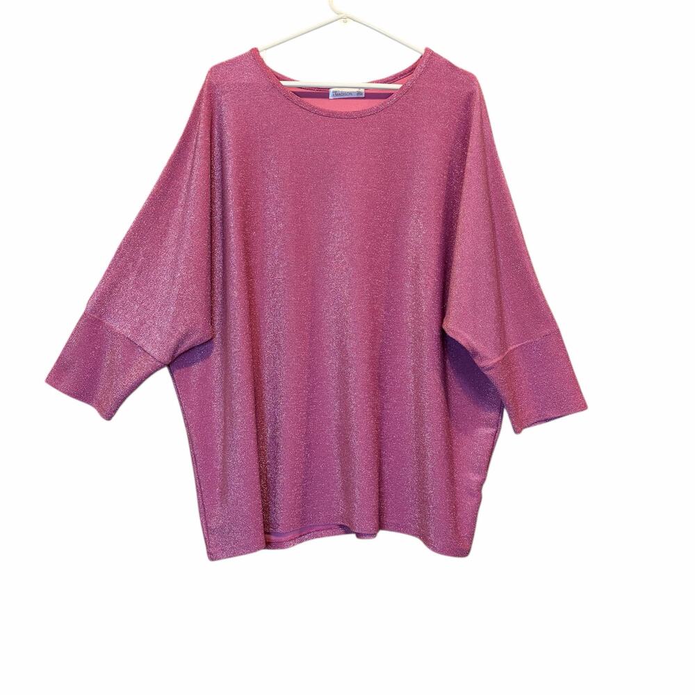 89th & Madison XXL Sparkly Pink Dolman Sleeve Top Barbie Casual Glam Lurex READ